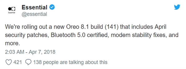 Essential Phonel手机获得安卓8.1更新：新增蓝牙5.0认证