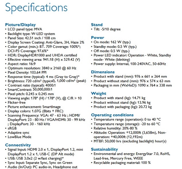 飞利浦发布43英寸4K旗舰显示器：支持DisplayHDR 1000