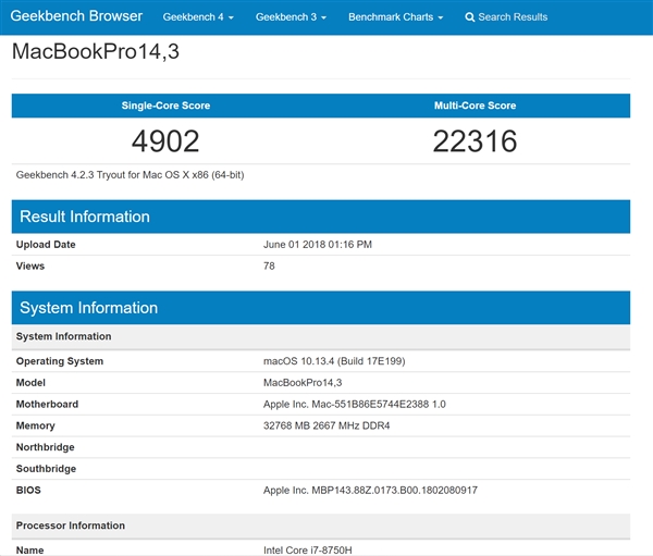 搭载6核i7-8750H+32GB内存：新MacBook Pro现身跑分