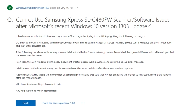 Win10四月更新惹祸：部分三星打印机不工作