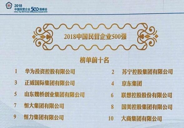 2018中国民企500强榜单发布 华为连续三年居榜首