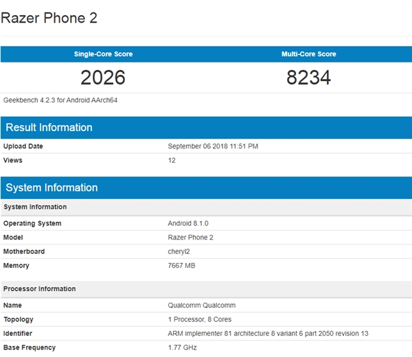 雷蛇Razer Phone 2现身GeekBench：骁龙845+8G内存