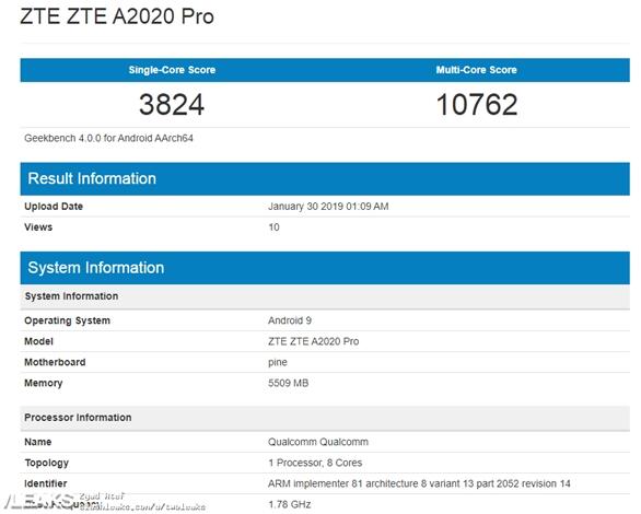 天机10?中兴骁龙855新机现身跑分:6GB RAM