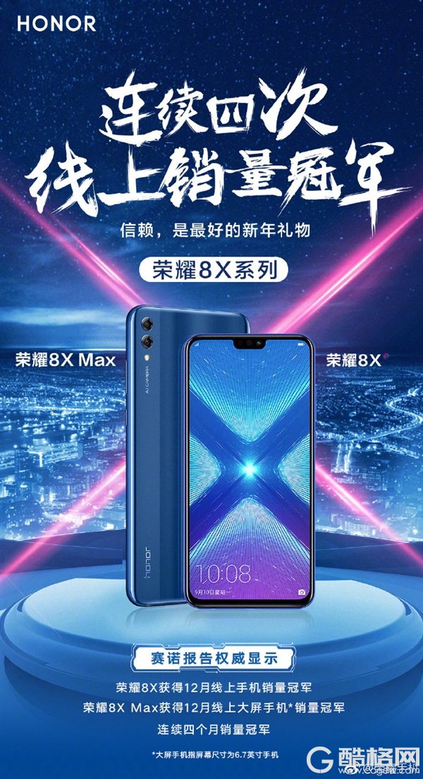 荣耀8X系列手机连续四个月蝉联线上销售冠军